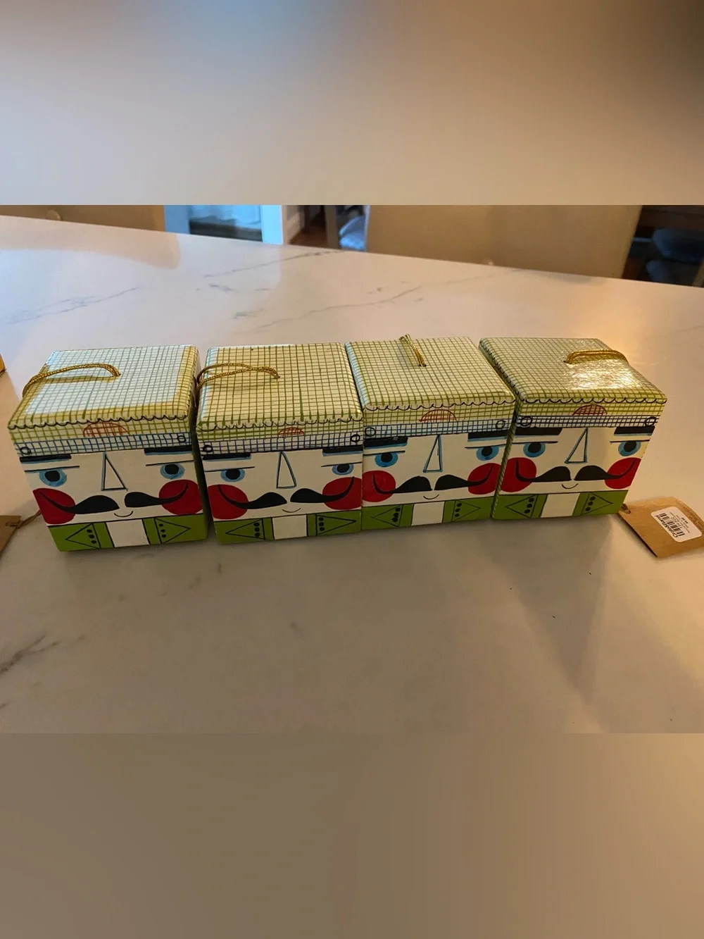 Crate&Barrel NIB Set 4 Green Nutcracker Boxes Holiday Ornaments Gift Whimsical